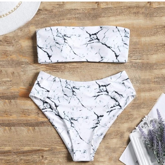 Zaful Marble Print High Waisted Bandeau Bikini - Picture 2 of 2